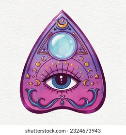 watercolor illustration of a purple Ouija board with an open seeing eye for magic and mystical designs