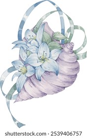 A watercolor illustration of a purple seashell and flowers