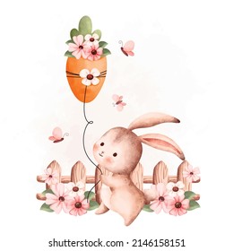 Watercolor Illustration Rabbit and carrot balloon in the garden