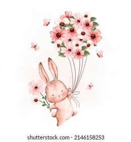 Watercolor Illustration Rabbit And Flower Bouquet Balloon 