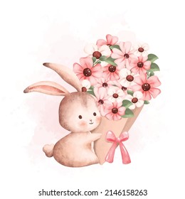 Watercolor Illustration Rabbit and flower bouquet