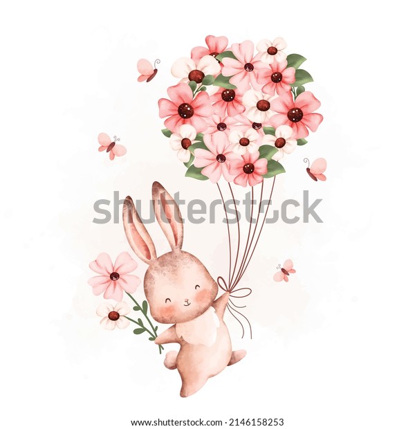 Watercolor Illustration Rabbit and flower bouquet\
balloon 