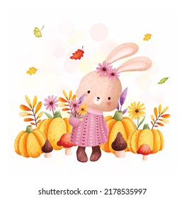 Watercolor illustration rabbit with pumpkin and autumn leaves