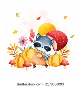 Watercolor illustration raccoon with pumpkin and autumn leaves