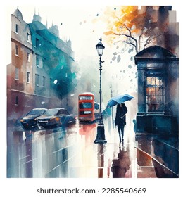 Watercolor illustration of rainly London street, vector.