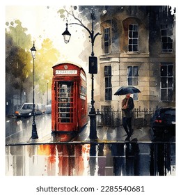 Watercolor illustration of rainly London street, vector.