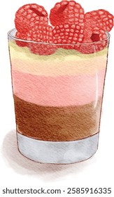 A watercolor illustration of a raspberry mousse dessert in a glass, layered with chocolate, pink, and yellow cream. Topped with fresh raspberries, this sweet treat is perfect for pastry and dessert.