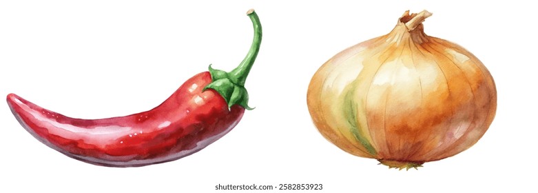 Watercolor illustration, red chili pepper, yellow onion, fresh vegetables, culinary art, vibrant colors, food design.