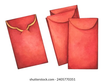 Watercolor illustration of Red envelop. Lucky envelope and decorative items for the Chinese lunar new year holiday cover, poster, ad and sale banner.