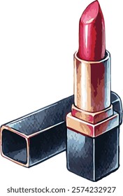 Watercolor illustration of a red lipstick isolated on white background

