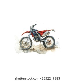 Watercolor Illustration of Red Off-Road Dirt Bike. Vector illustration design.