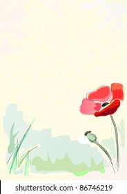 Watercolor illustration of red POPPY on the OLD PAPER. Pencil.Vector.