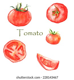 Watercolor illustration  with red ripe hand drawn tomatoes. Sliced and not sliced