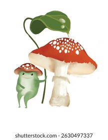 Watercolor illustration of a red-capped mushroom with a frog and green leaves. Great for magical forest themes, children's illustrations, or natural elements.