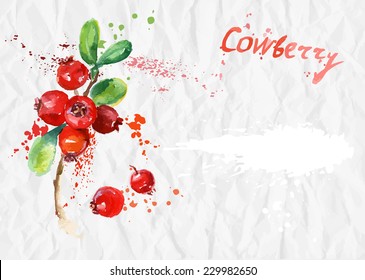 Watercolor illustration. Ripe cranberry on crumpled paper background.