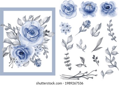 watercolor illustration rose and leaf navy blue isolated clipart