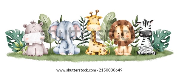 Watercolor\
Illustration Safari Animal banner\
background