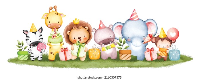Watercolor Illustration Safari Animal Birthday party background