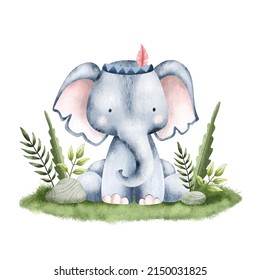 Watercolor Illustration Safari Animal Elephant 