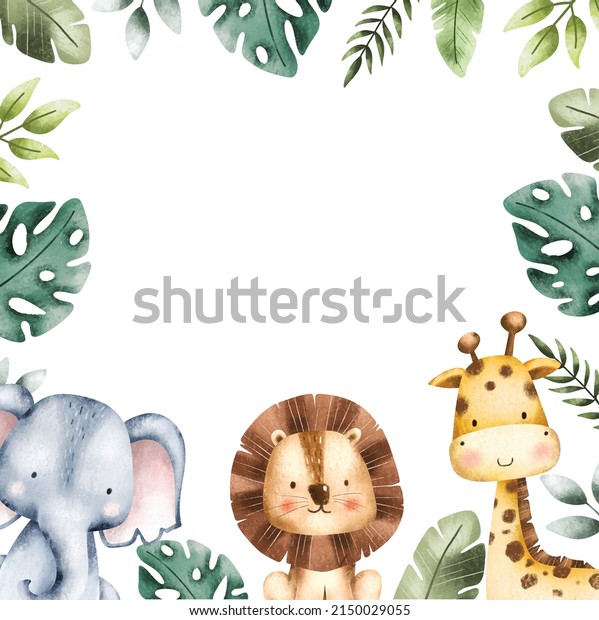 Watercolor\
Illustration Safari Animal Frame template\

