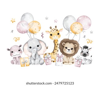 Watercolor Illustration Safari Animals and Balloons Sits on Cloud