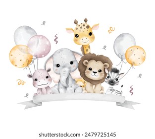 Watercolor Illustration Safari Animals and Balloons with Birthday Party Elements