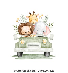 Watercolor Illustration Safari Animals in Car