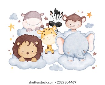 Ilustración acuarela animales de safari y nube