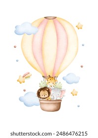 Watercolor Illustration Safari Animals Flying with Hot Air Balloon