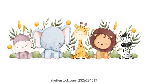 Watercolor Illustration safari animals in garden with tropical leaves