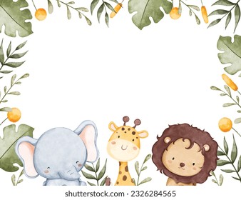 Watercolor illustration Safari animals and leaves frame