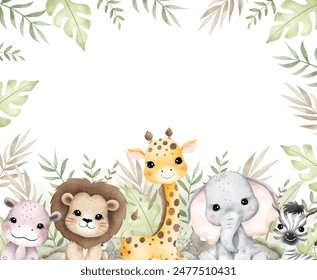 Watercolor Illustration Safari Animals and Tropical Leaves Frame