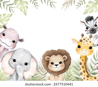 Acuarela Ilustración Safari Animales y Hojas Tropicales Marco