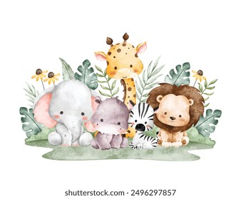 Ilustración de acuarela Safari Animales y hojas tropicales