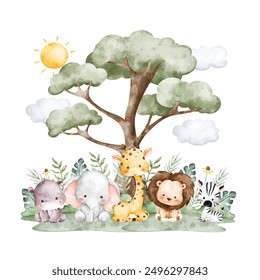 Watercolor Illustration Safari Animals Under the Tree