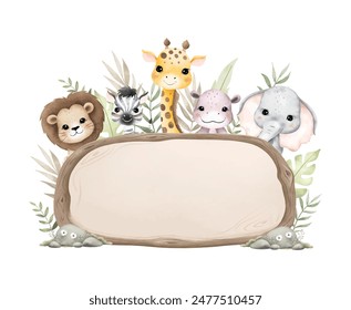 Watercolor Illustration Safari Animals and Wooden Board