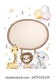 Watercolor Illustration Safari Animals and Wooden Board with Balloons