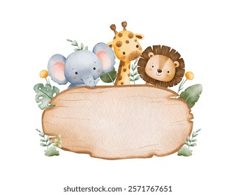 Watercolor Illustration Safari Animals and Wooden Board