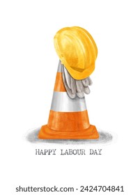 Aquarell-Illustration eines Schutzhelms und eines Verkehrskegels mit der Aufschrift Happy Labor Day.