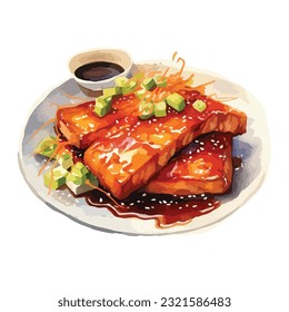 watercolor illustration of salmon teriyaki japanese food