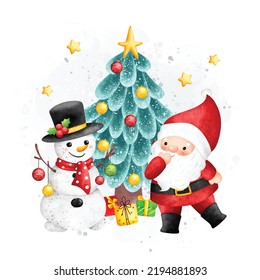 Watercolor Illustration Santa Claus and Christmas tree