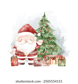 Watercolor Illustration Santa Claus with Christmas Tree and Gifts