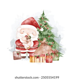 Watercolor Illustration Santa Claus with Christmas Tree and Gifts