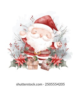 Watercolor Illustration Santa Claus with Christmas Gifts