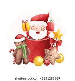 Watercolor Illustration Santa Claus in cup with Christmas ornaments