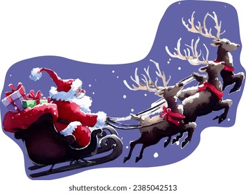 Watercolor illustration of Santa Claus on a flying reindeer sleigh.