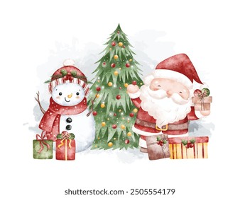 Watercolor Illustration Santa Claus and Snowman with Christmas Tree and Gifts