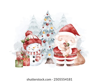 Watercolor Illustration Santa Claus and Snowman with Christmas Tree and Gifts