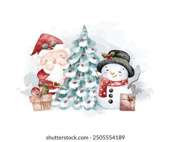 Ilustración de la acuarela Santa Claus y muñeco de nieve con el árbol de Navidad y los regalos