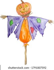 
watercolor illustration scarecrow with pumpkin head halloween